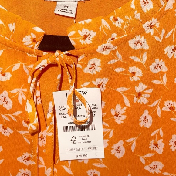 New J.Crew Factory Women's Ruffle Tie-Neck Top  Orange & White Floral - Medium - Picture 4 of 10
